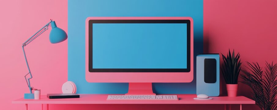 A pink desktop computer with a blank screen, sitting on a desk with a lamp and a plant.