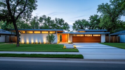 Modern house with a wooden garage door and a large front yard with a driveway in front of it.
