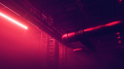 A single red neon light illuminates a dark, industrial space with exposed pipes and wires. The light casts a dramatic glow, creating a sense of mystery and intrigue.