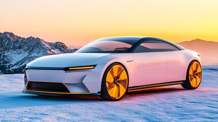 Obraz premium A sleek white electric car with gold wheels parked on a snowy mountain road at sunset.