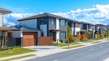 Modern homes with a paved driveway and a sidewalk on a sunny day.
