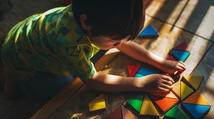 A young child in a vibrant shirt intently assembles colorful geometric wooden blocks on a sunlit wooden floor, immersed in creative play.