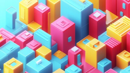 Obraz premium Abstract background with colorful 3D geometric shapes, resembling a cityscape. Ideal for modern, playful designs.