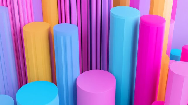 Abstract background with colorful cylinders and vertical lines.  Modern geometric design for commercial use.