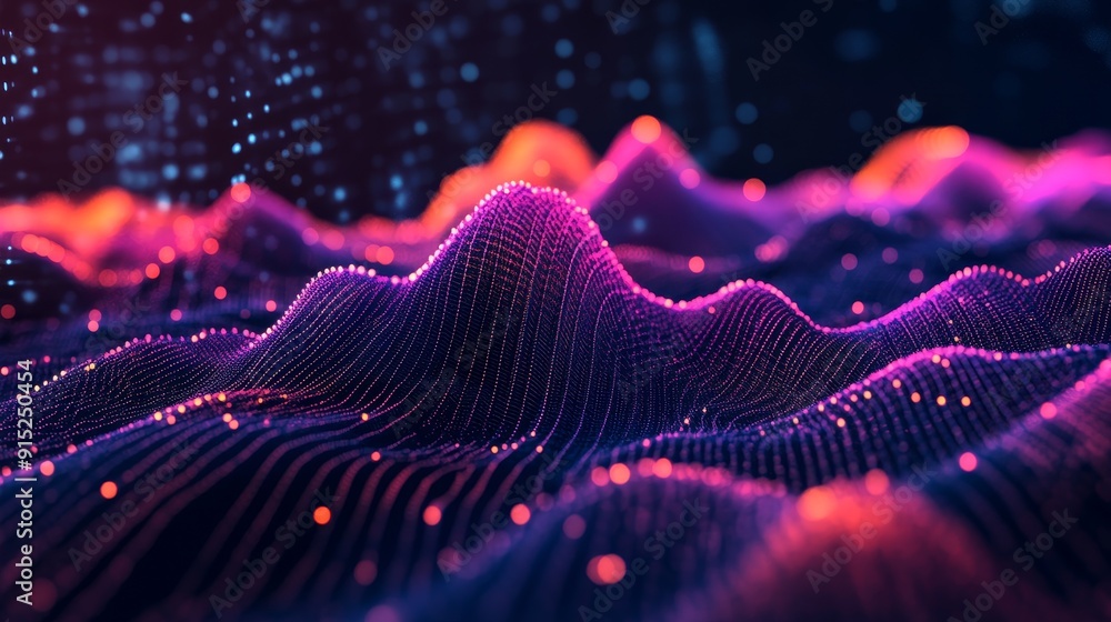Poster abstract digital landscape with glowing lines and particles.