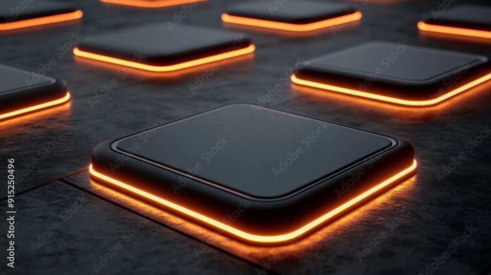 Aufkleber abstract futuristic background with glowing orange neon squares. minimalist 3d render for technology