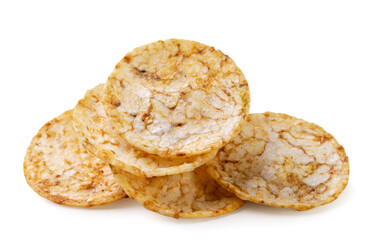 Heap rice chips close-up on white. Isolated