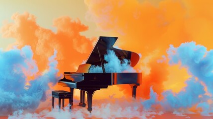 Grand piano surrounded by vibrant orange and blue clouds, creating an ethereal and artistic atmosphere.