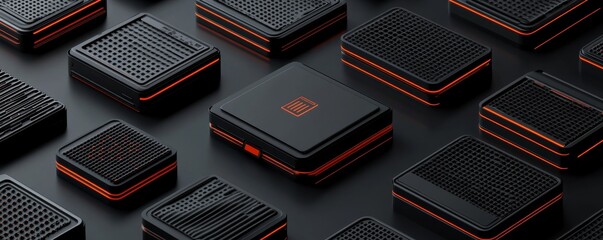 Black and red square boxes on dark background.