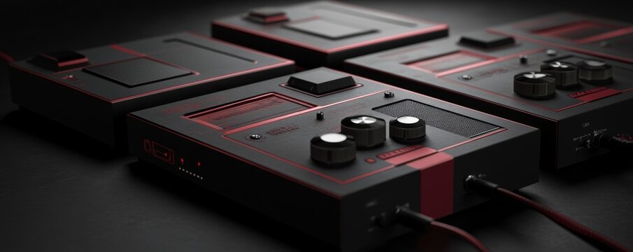Black and red audio effects pedals on a dark surface.