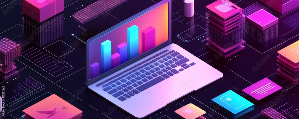Poster laptop with colorful chart on screen surrounded by abstract colorful blocks.