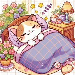 可愛いアニメ風の寝ている猫のイラスト