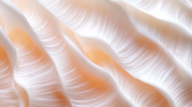 Close-up image of a seashell's wavy, textured surface in soft tones of white and orange.
