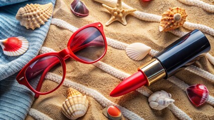 Vibrant red lipstick lies abandoned on a sun-kissed beach towel, surrounded by scattered seashells and sunglasses, capturing the carefree essence of a summer day.