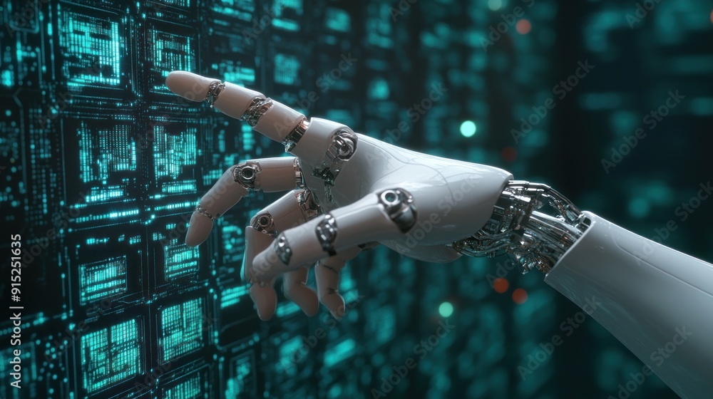 Poster robot hand interacting with digital interface