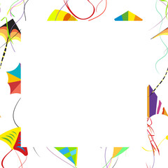 Frame banner with colored flying kites for school diploma or certificate, illustration of festival, poster celebration design, decoration indian,kite flying, culture banner frame vector