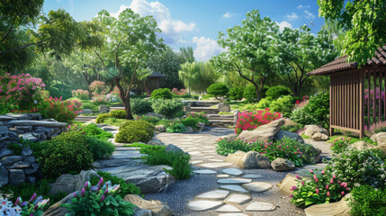Serene Japanese Zen garden with a stone pathway, surrounded by lush greenery, blooming flowers, and traditional structures.