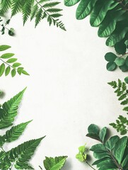 Fresh green leaves lying flat on a clean white surface, perfect for various design and photography projects