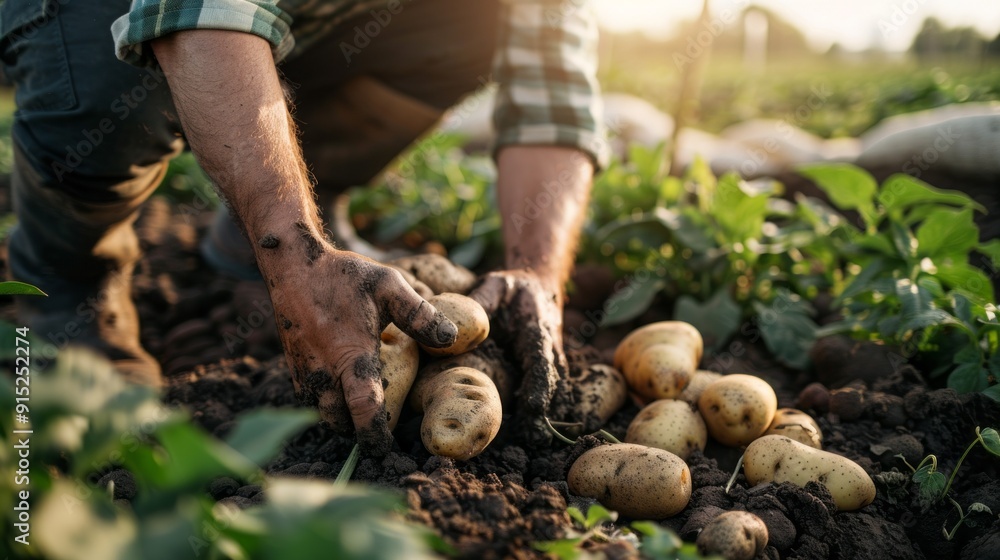 Poster a man is picking potatoes in a field