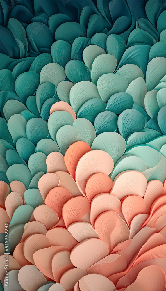 Poster detailed view of a wave-like pattern created by layered gradient turquoise and peach color paper she