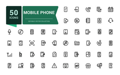 Mobile phone and Smartphone icon set. Related to device, phone and more. Minimalistic web and UI icon. Outline icon collections. Editable vector illustration.