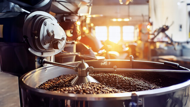 Traditional coffee roaster with coffee beans in cylinder. Generative ai