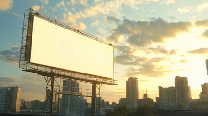 Fototapeta premium Blank billboard overlooking city skyline at sunset.