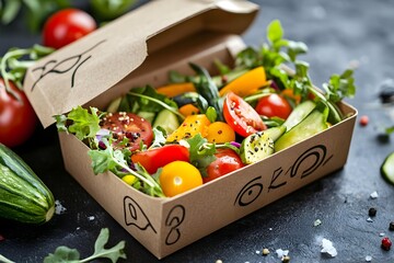 Showcase your culinary creations in our eco-friendly takeaway box, featuring vibrant veggies and fruits. Personalize with your logo or design for a memorable impression
