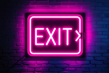 Stylish neon sign with word Exit on dark brick wall. AI