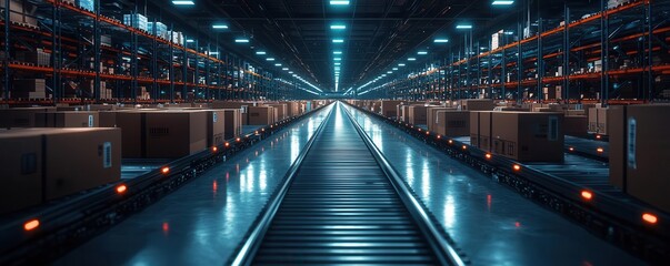 Obraz premium Warehouse logistics boxes transported via conveyors topdown organized flow clean lighting