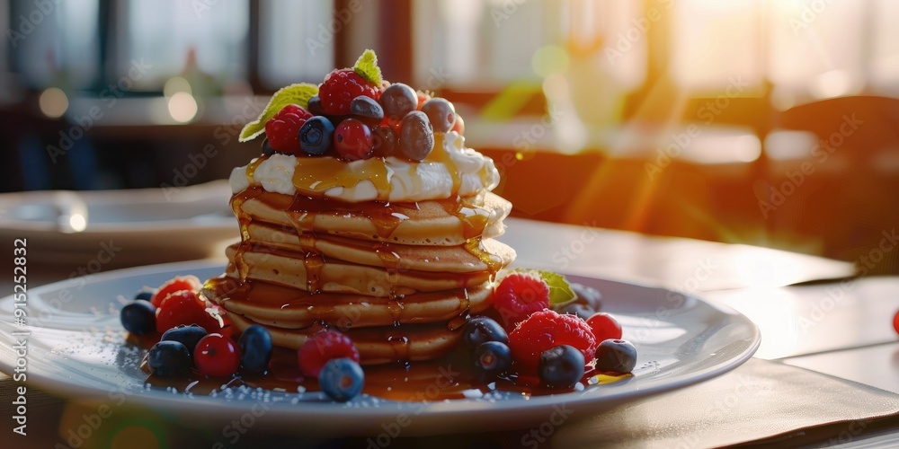 Poster pancake stack topped with mascarpone cream and maple syrup with berries
