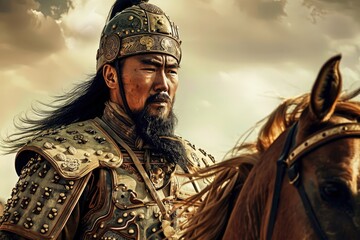 A fierce Hun warrior adorned in ornate armor rides a powerful horse, surveying a dramatic sky filled with turbulent clouds.