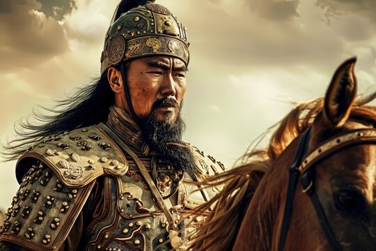 A fierce Hun warrior adorned in ornate armor rides a powerful horse, surveying a dramatic sky filled with turbulent clouds.