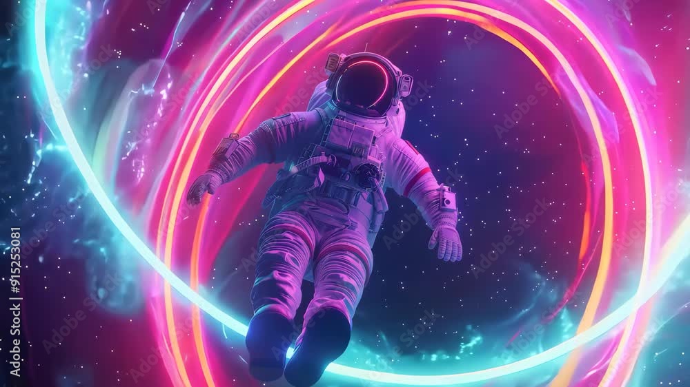 Poster neon interstellar vortex: astronaut floating in space