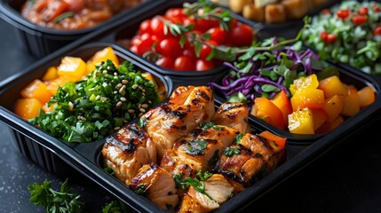 A tray of food with a variety of vegetables and meat