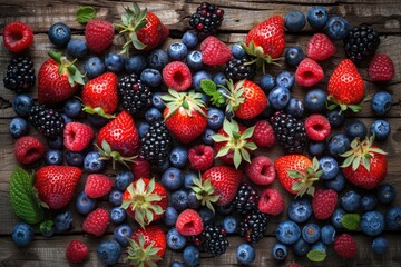 Fototapeta premium A colorful mix of strawberries, blueberries, raspberries, and blackberries, scattered artistically on a wooden table