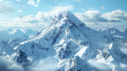 Obraz premium A stunning snowy mountain peak against a clear blue sky, surrounded by clouds, creating a breathtaking and serene alpine scene.