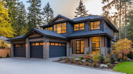 Modern two-story house with a stone facade and a double garage, surrounded by autumn trees.