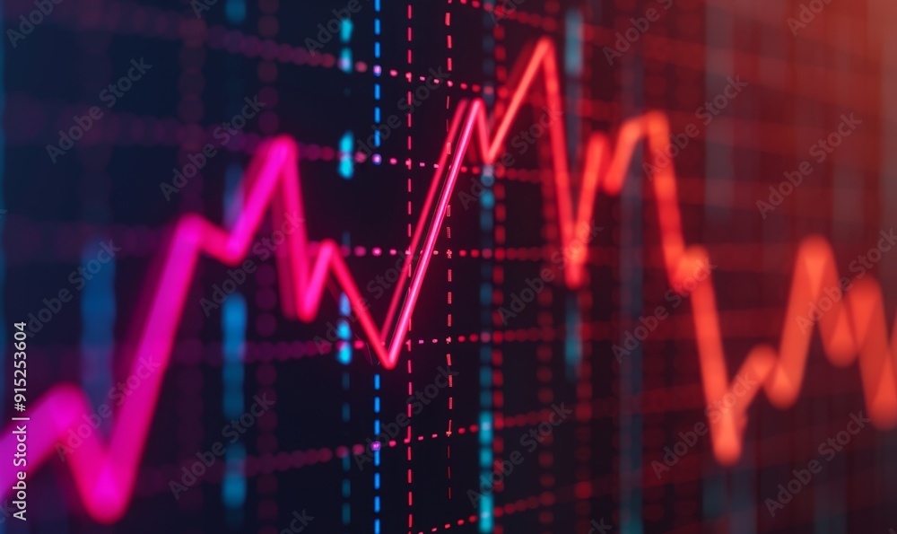 Aufkleber close-up of red stock market chart fluctuating up and down on digital screen displaying growth and v