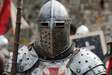 Naklejka premium A formidable knight clad in gleaming armor surveys the surroundings, ready for battle amid a medieval gathering.