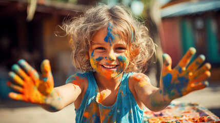 Happy child outdoors, hands full of paint