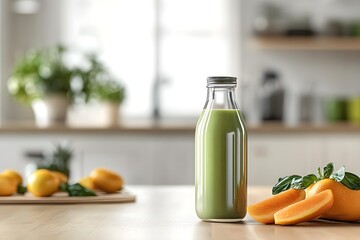 A bottle of fresh smoothie and fresh fruit on the table on a blurred background of a light kitchen. free space for text and bottle mockup for drink presentation