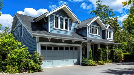 A gray house with a garage door, white trim, and windows against a blue sky with white clouds.