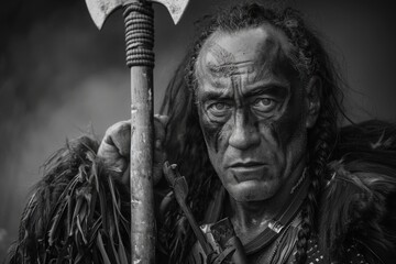 Obraz premium A powerful Maori warrior exudes intensity, gripping a traditional axe, embodying cultural pride and strength in an impressive portrait.
