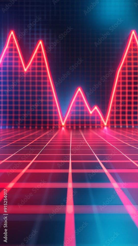 Poster abstract neon red and blue graph line chart showing stock market growth and decline in a futuristic 
