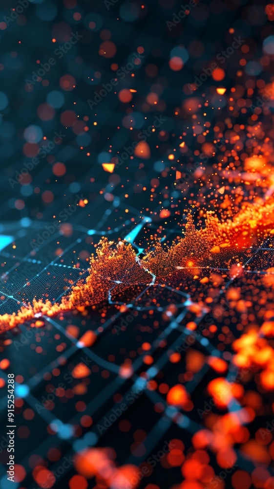 Poster abstract orange and blue particle splash background with bokeh lights.