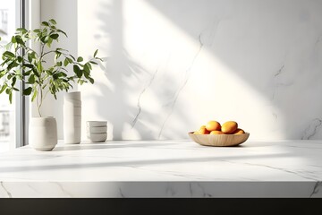 empty table Marble stone on modern kitchen interior background. Scene stage showcase for montage you products, promotion sale or advertising, mockup