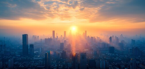 A breathtaking view of a modern city skyline bathed in the golden hues of the rising sun. Tall skyscrapers emerge through the morning haze, creating a surreal