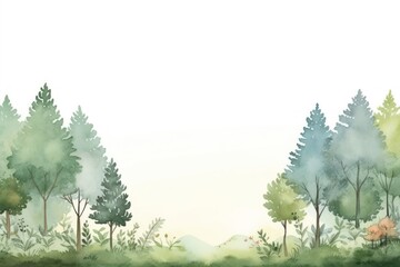Watercolor forest border vegetation rainforest landscape.