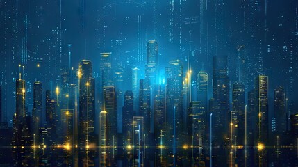 Fototapeta premium Futuristic Digital Cityscape with Illuminated Skyscrapers. AI generated illustration